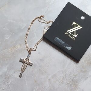 NWT Two Toned Gold & Silver Cross Necklace With Cubic Zirconia